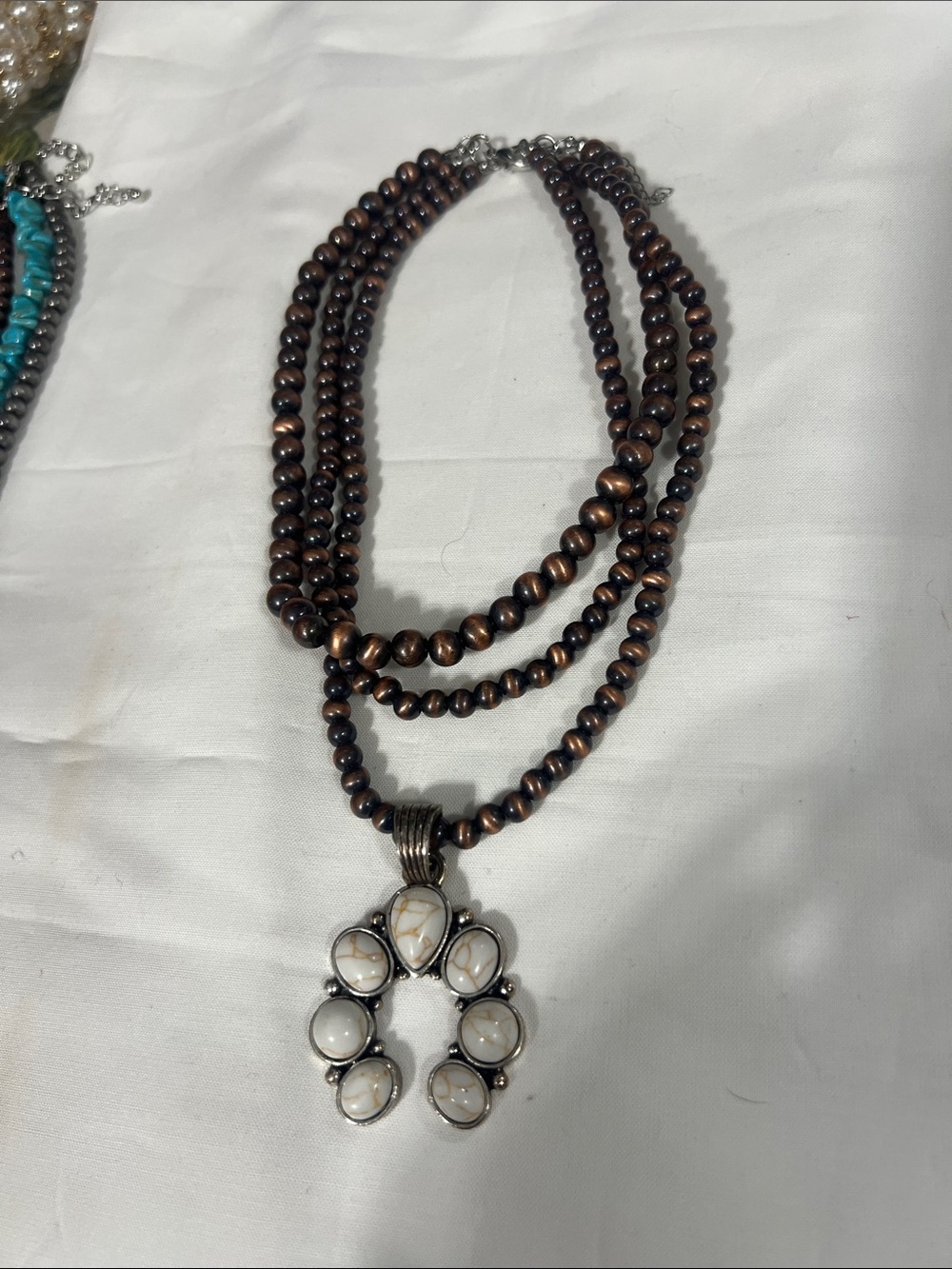 Handmade Brown Bead Necklace with White Stone Pendant